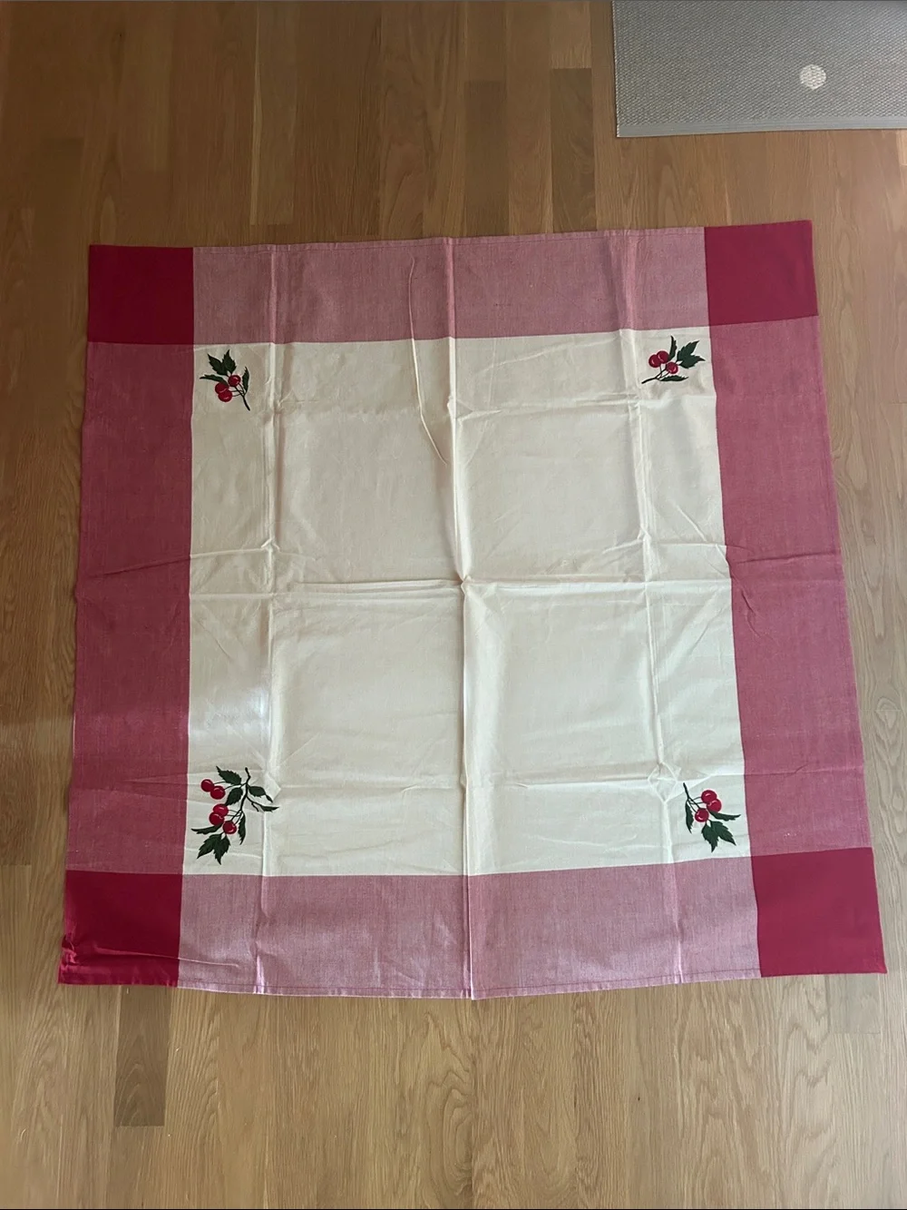 April Cornell Vintage Red and Cream Linen Tablecloth with Embroidered Cherries